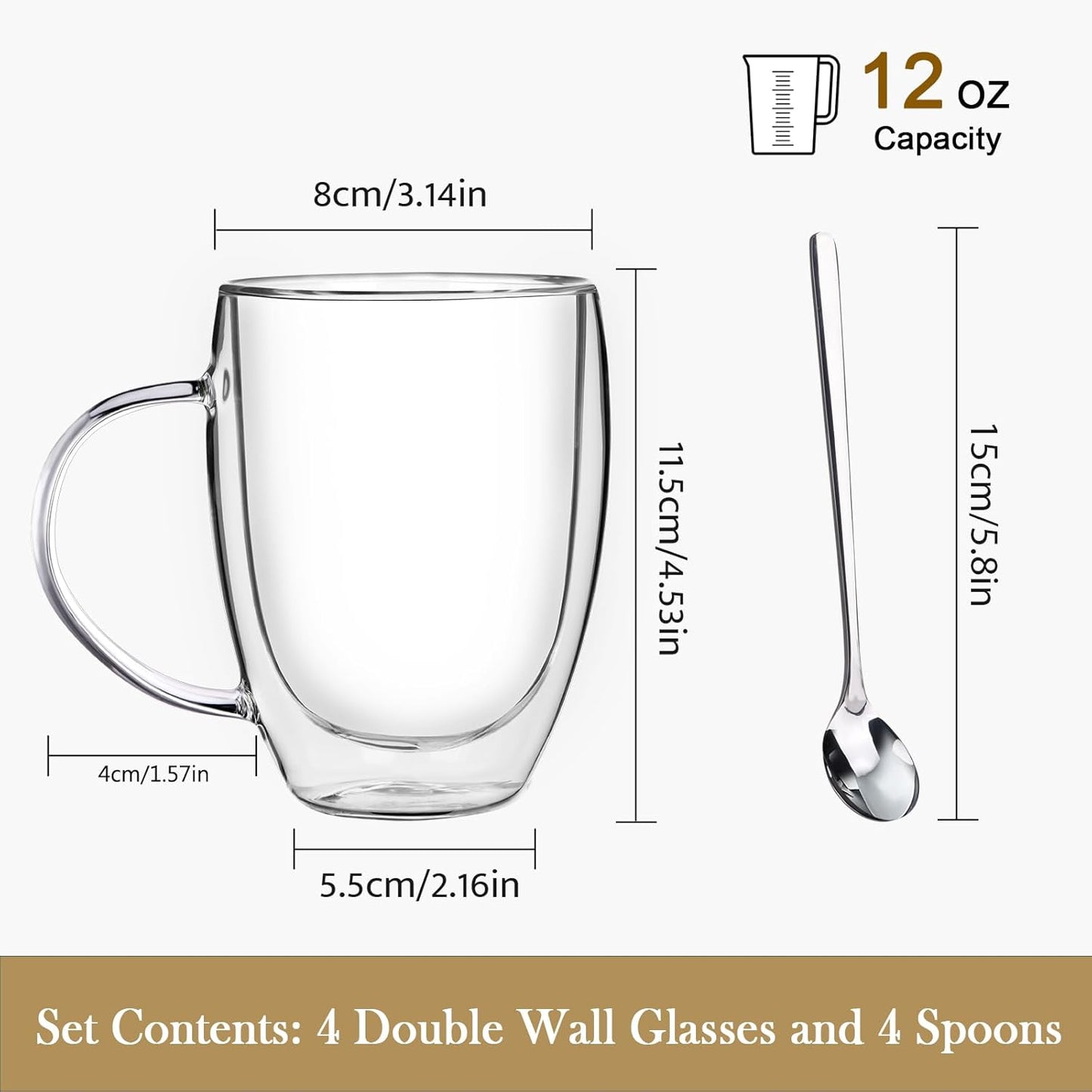 FULGNU Double Wall Glass Coffee Mugs, 12 oz