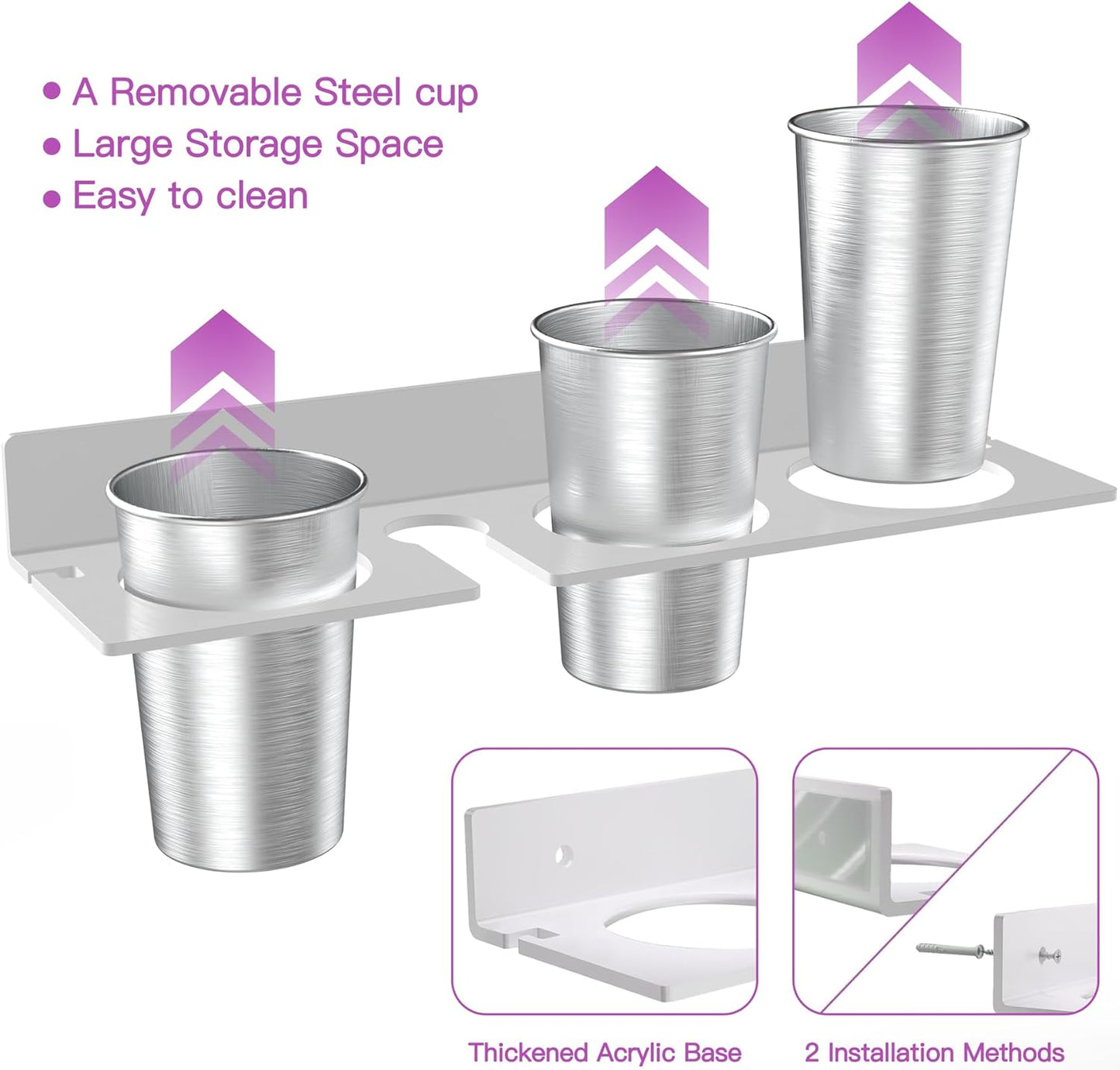 Hair Dryer Holder with 3 Stainless Steel Cups