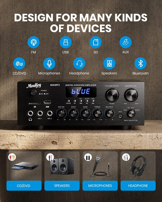 Stereo Power Amplifier 220W Bluetooth 5.0