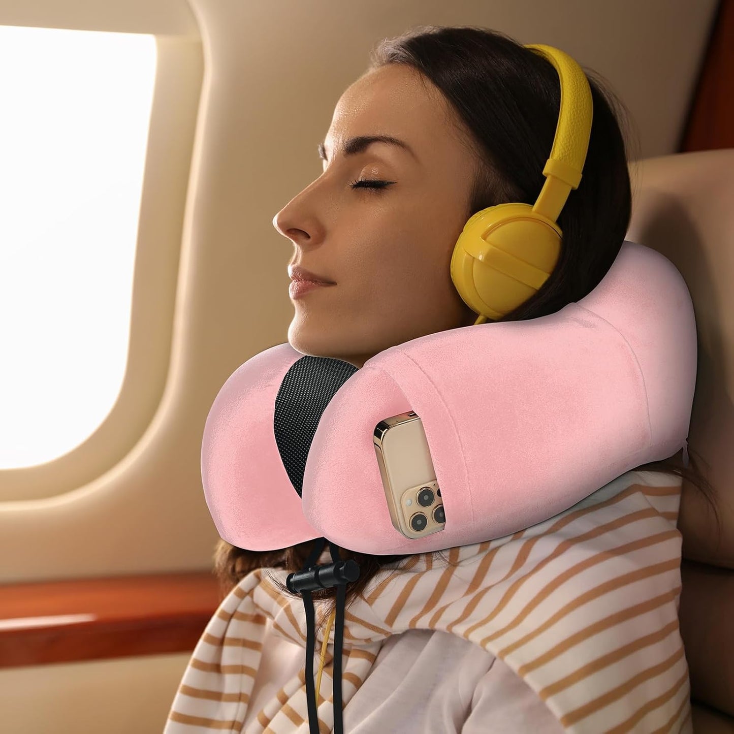 Pink Travel Neck Pillow and Blanket Set for Airplane Travel Essentials Womens Memory Foam Neck Pillow and Compact Soft Airplane Blanket with Bag for Traveling Airport Car Sleeping