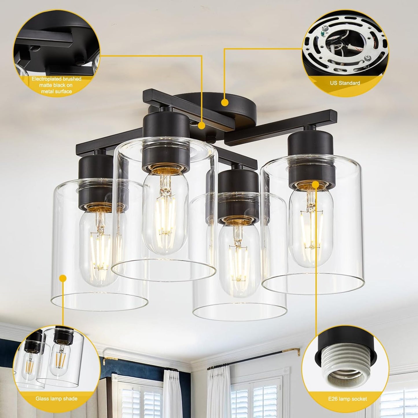 4 Light Kitchen Fixture, Black, Clear Glass