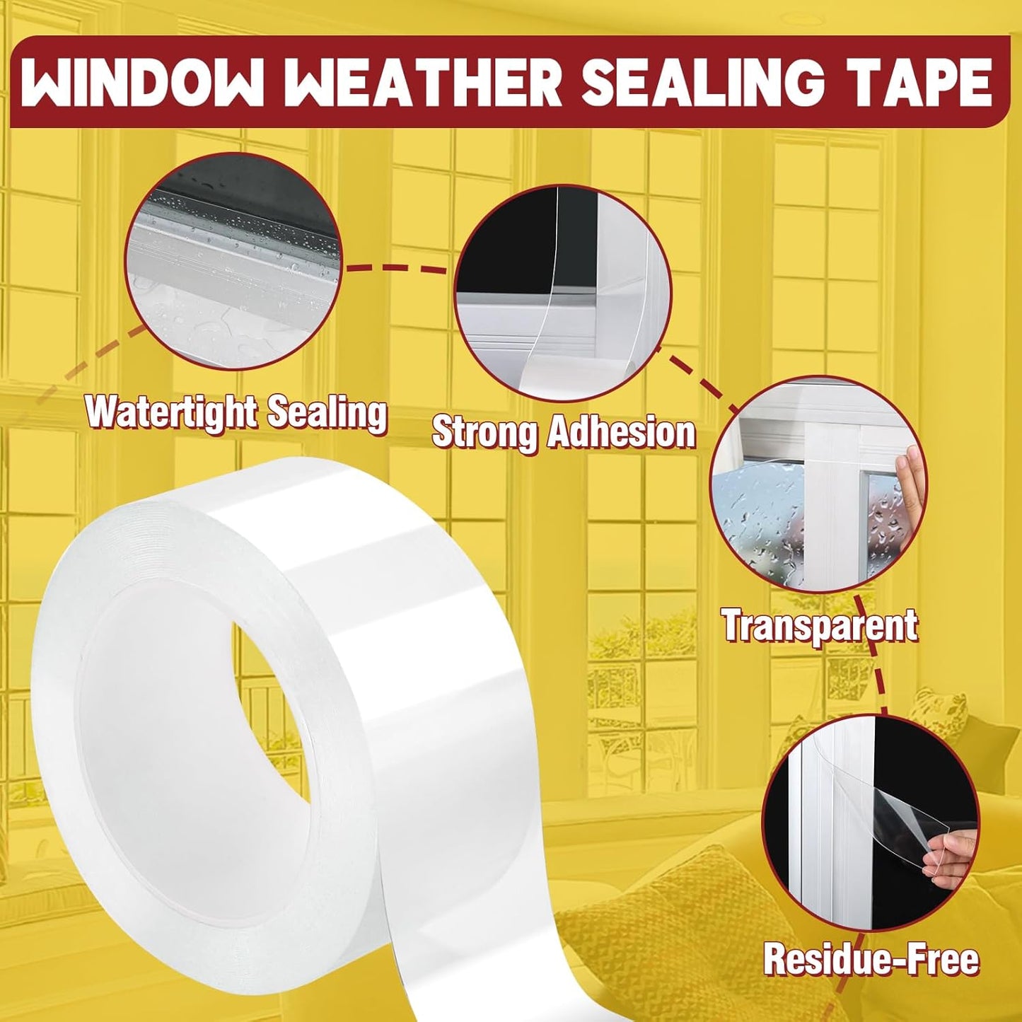 Bondtech Transparent Window Weather Sealing Tape, Window Sealing Tape, Draft Stopper & Insulation for Doors, Shower Glass Gaps, No Residue (2 Inch x 33Feet *1)