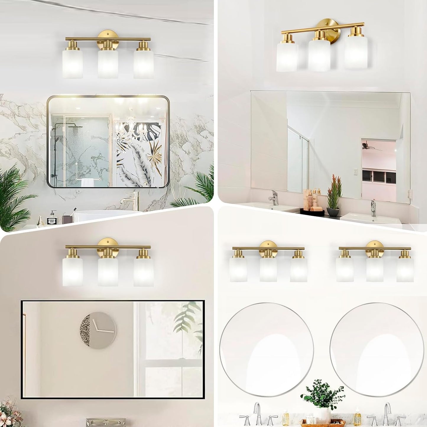 3-Light Gold Bathroom Light Fixtures, Modern Vanity Lighting Fixture Bathroom Lighting with Milky White Frosted Glass Shades Gold Lighting Fixtures for Bathroom Bedroom Living Room Porch