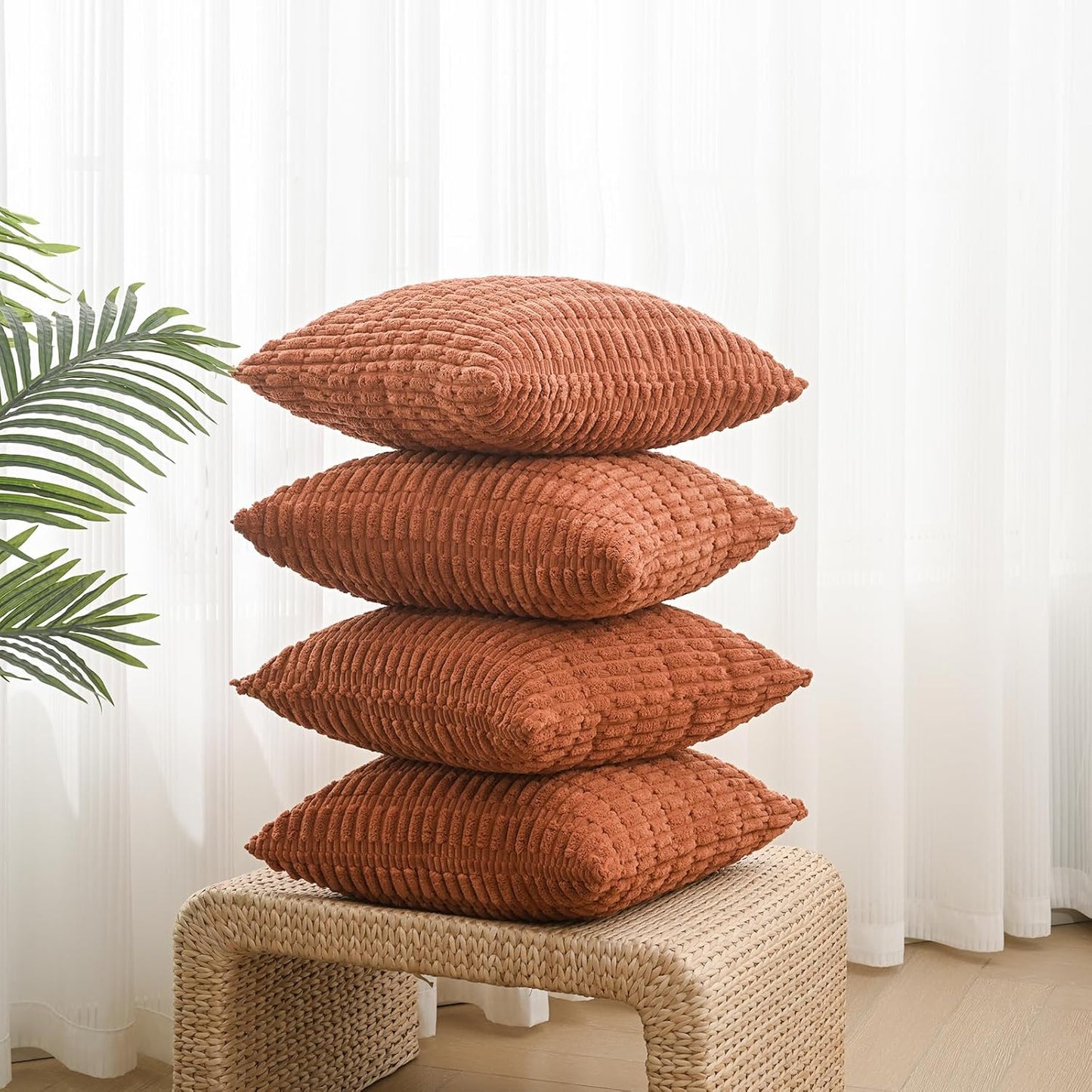 Volcanics Pack of 4 Rust Corduroy Fall Decorative Throw Pillow Covers 18x18 Inch, Soft Plush Boho Striped Square Cushion Cases, Modern Rustic Farmhouse Home Decor