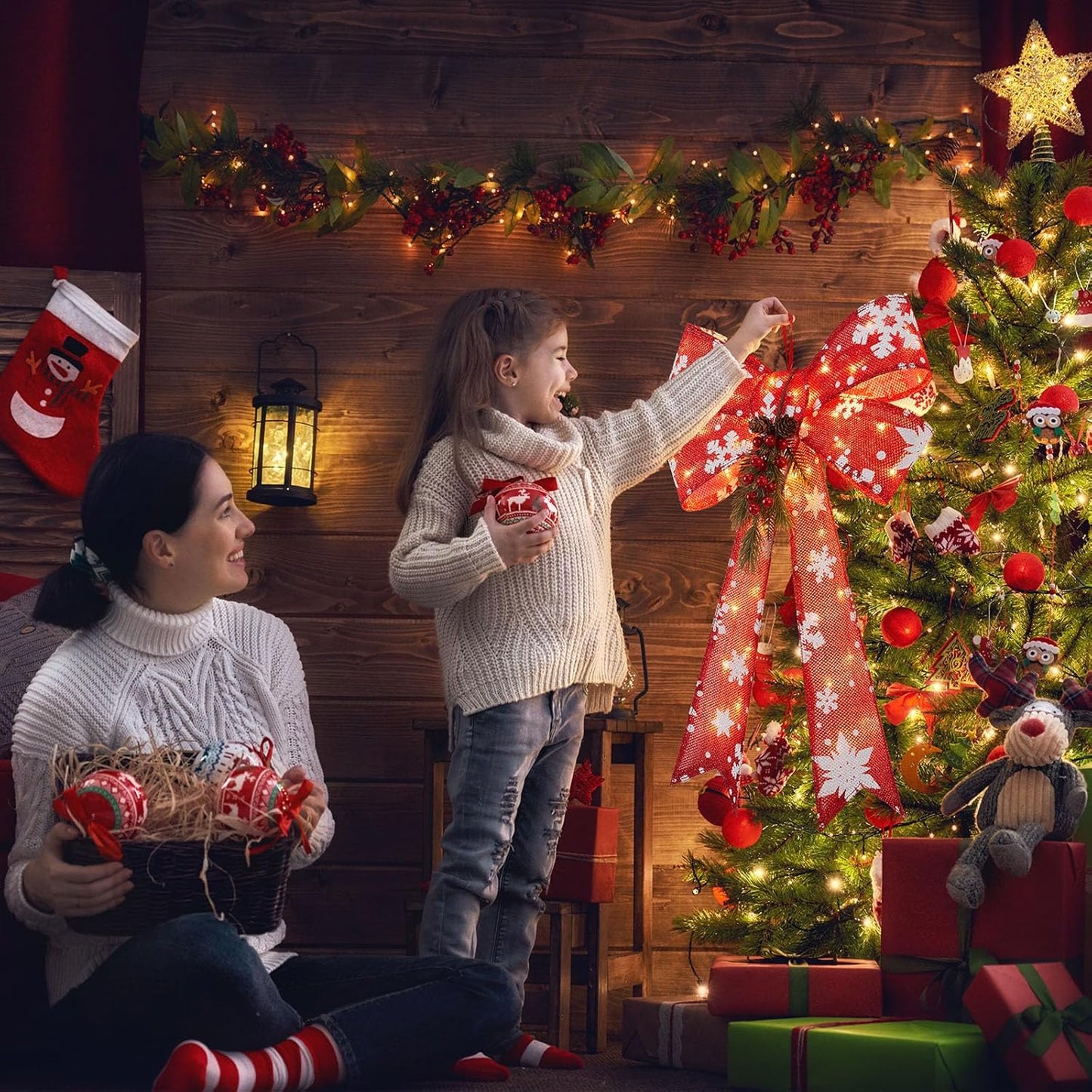 Red Bows Christmas Decorations with 45LED Lights, 24''x16'' Wreath Bow, Outdoor Christmas Bows with Snowflake Red Berries Pine Cone Needles for Front Door Wreath Home