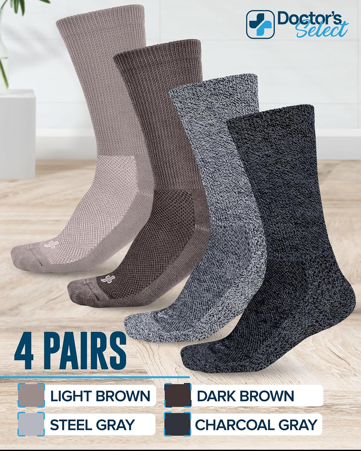 Doctor's Select Diabetic Socks for Men 9-12 - 4 Pairs Crew Neuropathy Socks for Men | Brown