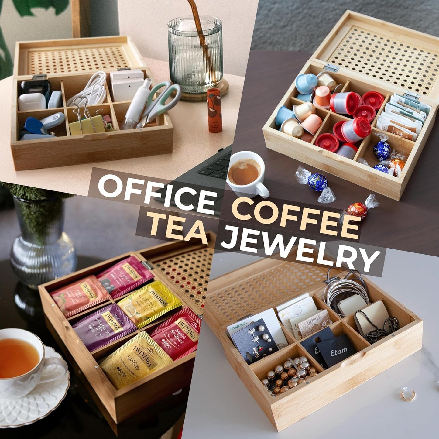 CARTMAN 1 Pack Bamboo Tea Bag Organizer, Tea Bag Drawer Storage Organizer Holder with 6 Compartments, Tea Chest Box for Coffee Station, Sugar Packet, Sweeteners, Small Packets