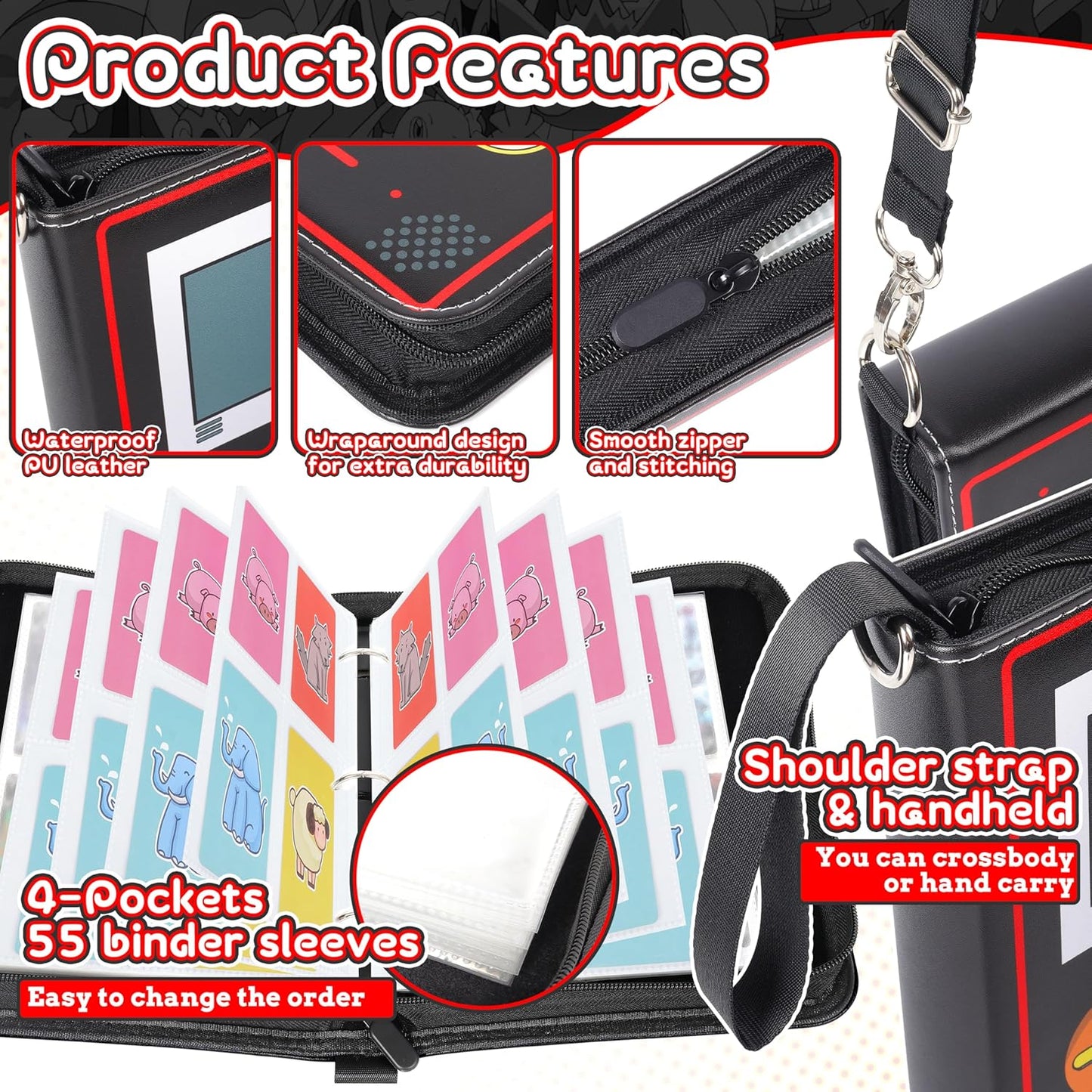 ZAIONE Trading Card Binder for Boys: Black 4 Pocket Collection Binders with 440 Pockets - Waterproof Game Cards Holder Album with Zipper for Storage & Gifts