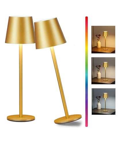2-Pack Gold RGB Cordless Table Lamp, 5200mAh RGB 8 Modes & Touch Control Rechargeable Battery Desk Lamp, IP54 Waterproof Outdoor Table lamp for Bedroom/Outdoor/Restaurant/Camping/Bars(Gold)