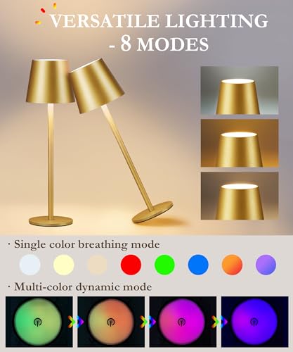 2-Pack Gold RGB Cordless Table Lamp, 5200mAh RGB 8 Modes & Touch Control Rechargeable Battery Desk Lamp, IP54 Waterproof Outdoor Table lamp for Bedroom/Outdoor/Restaurant/Camping/Bars(Gold)