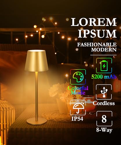2-Pack Gold RGB Cordless Table Lamp, 5200mAh RGB 8 Modes & Touch Control Rechargeable Battery Desk Lamp, IP54 Waterproof Outdoor Table lamp for Bedroom/Outdoor/Restaurant/Camping/Bars(Gold)