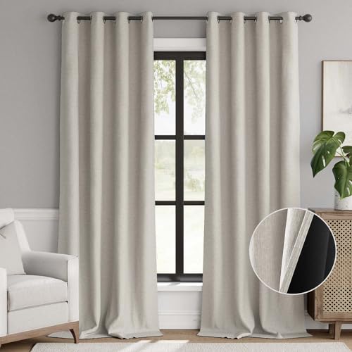jinchan Blackout Curtain 96 Inch Length, Faux Linen Curtain for Living Room, Thermal Insulated Room Darkening Grommet Top Window Drape, 1 Panel Curtain for Bedroom Bone