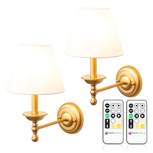 Adust Battery Operated Wall Sconce Set of Two Remote Control Dimmable Rechargeable LED Light Bulb, 3 Color Temps LED, for Bedroom Living Room