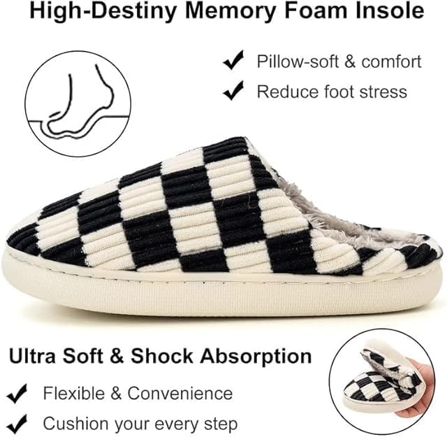 kissxiaoya Unisex House Slippers, Plaid Scuff Slides, Womens Cozy Memory Foam Slipper, Slip on Warm Checkered Shoes Indoor Outdoor with Anti-slip sole