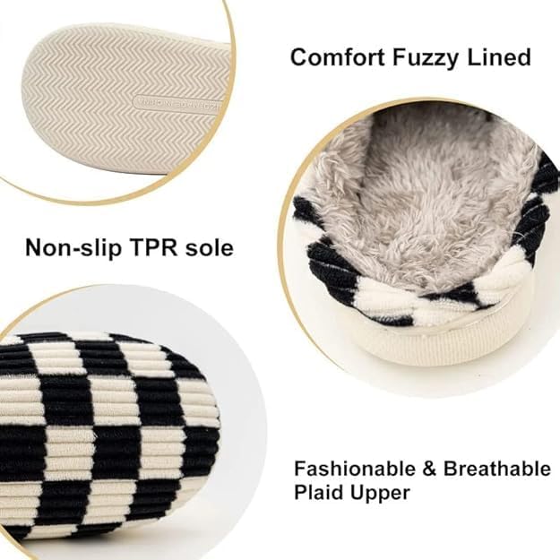kissxiaoya Unisex House Slippers, Plaid Scuff Slides, Womens Cozy Memory Foam Slipper, Slip on Warm Checkered Shoes Indoor Outdoor with Anti-slip sole