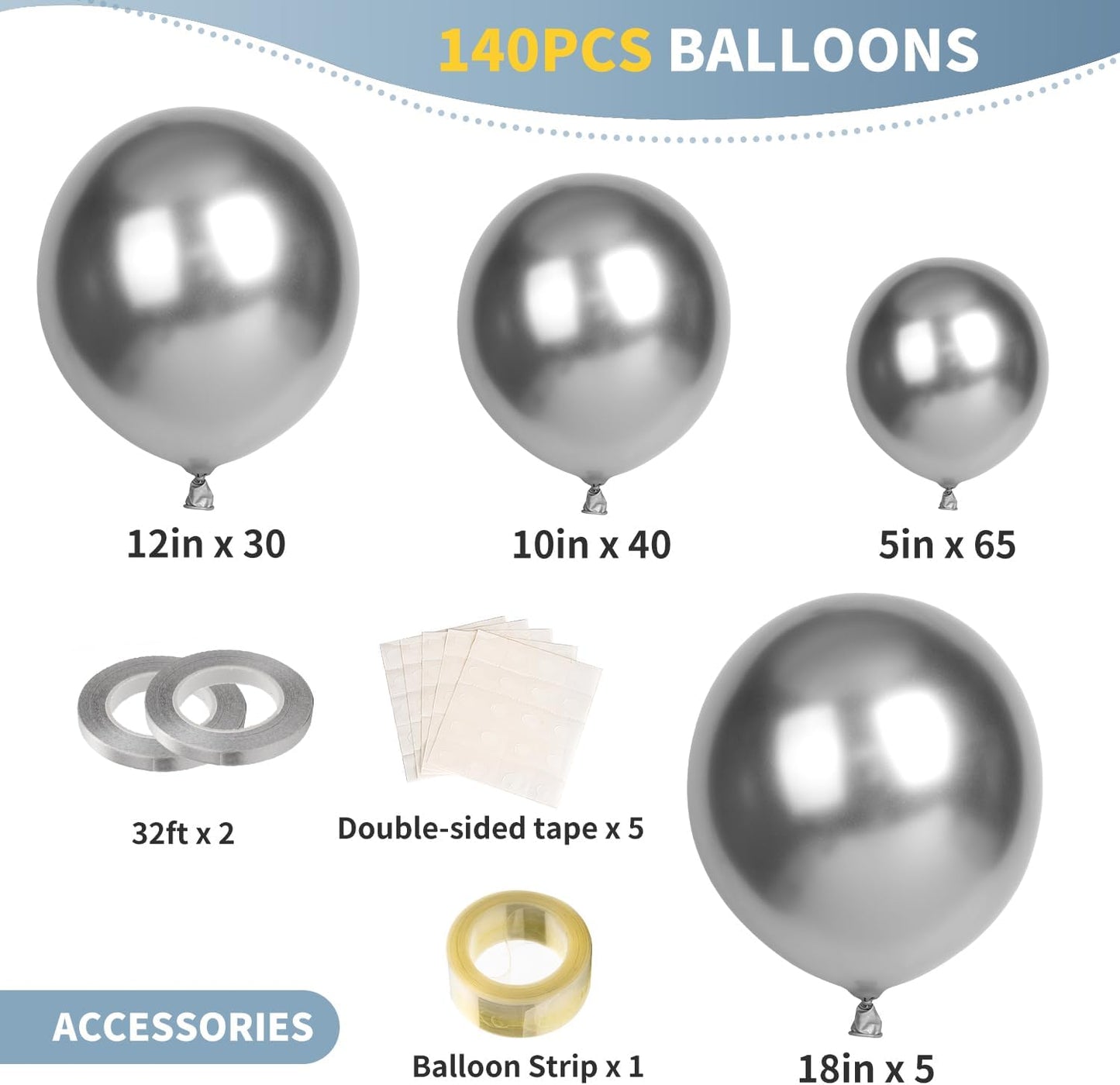 140pcs Metallic Silver Balloons Arch Garland Kit Different Sizes 18 12 10 5 Inch Chrome Silver Latex Balloons for Birthday Party Graduation Baby Shower Wedding Anniversary Holiday Decorations