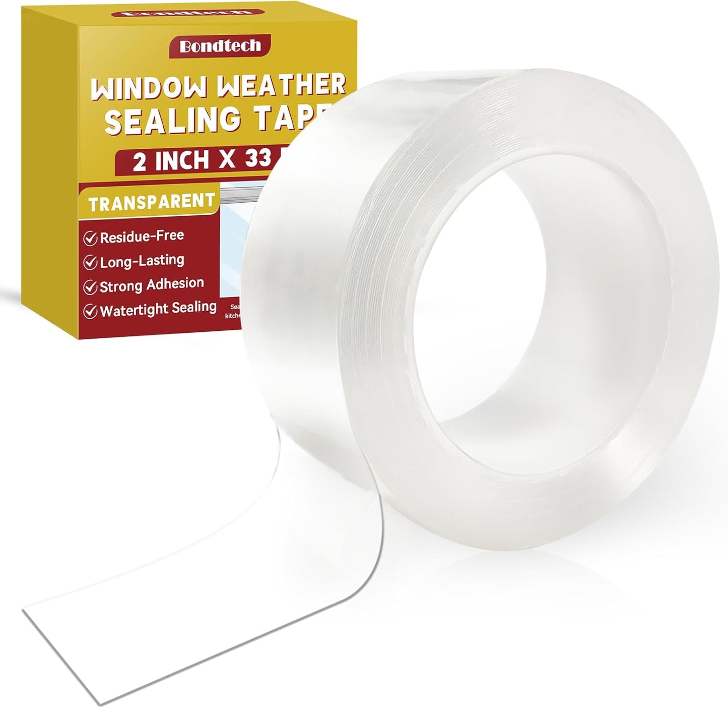 Bondtech Transparent Window Weather Sealing Tape, Window Sealing Tape, Draft Stopper & Insulation for Doors, Shower Glass Gaps, No Residue (2 Inch x 33Feet *1)