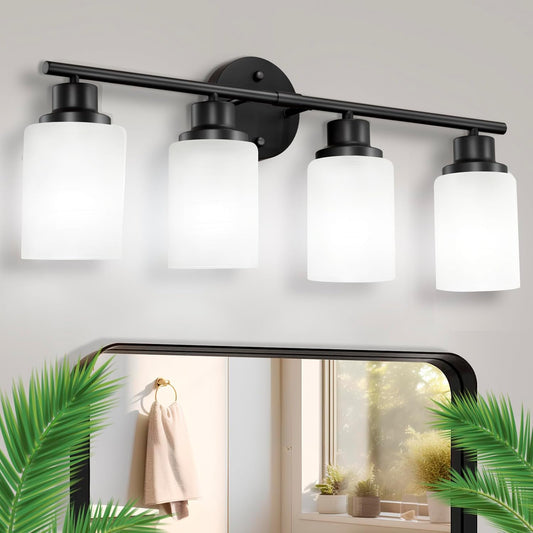 Black Bathroom Vanity Light Fixtures, 4-Light Modern Vanity Lights Bathroom Vanity Wall Lamp Matte Black Bathroom Light Fixtures for Mirror Living Room Hallway Kitchen Cabinet Porch, E26 Base