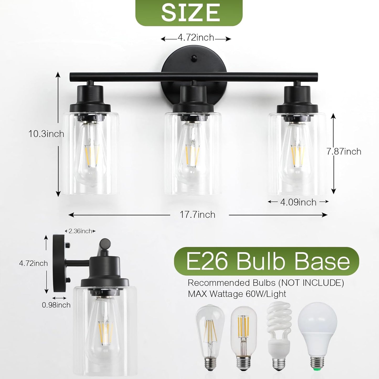 3-Light Bathroom Vanity Lights, Matte Black Vanity Lights Modern Bathroom Light Fixture with Clear Glass Shades Bathroom Wall Sconce Lighting for Mirror Living Room Hallway Bedroom, E26 Base