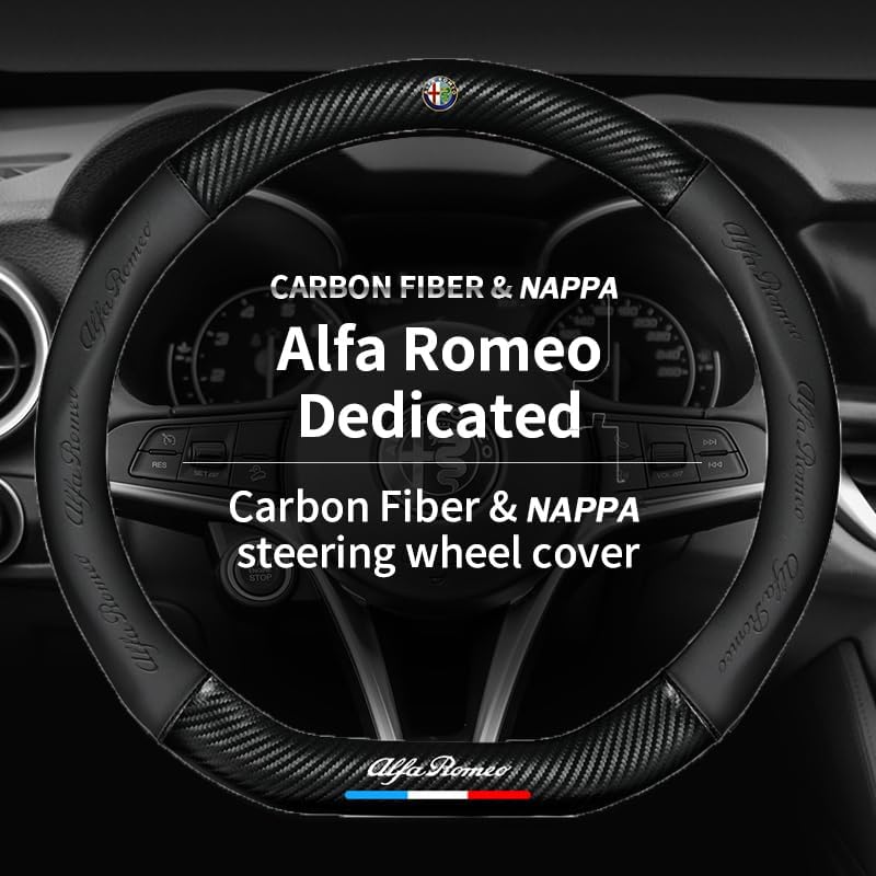 for Alfa Romeo Steering Wheel Cover Custom-Fit, Fusion Carbon Fiber Premium Leather Cover with Emblem Logo Car Steering Wheel,Designed for Alfa Romeo Car Accessories (AEF-Old)