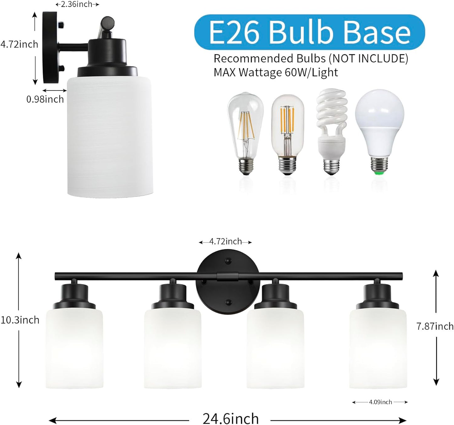 Black Bathroom Vanity Light Fixtures, 4-Light Modern Vanity Lights Bathroom Vanity Wall Lamp Matte Black Bathroom Light Fixtures for Mirror Living Room Hallway Kitchen Cabinet Porch, E26 Base