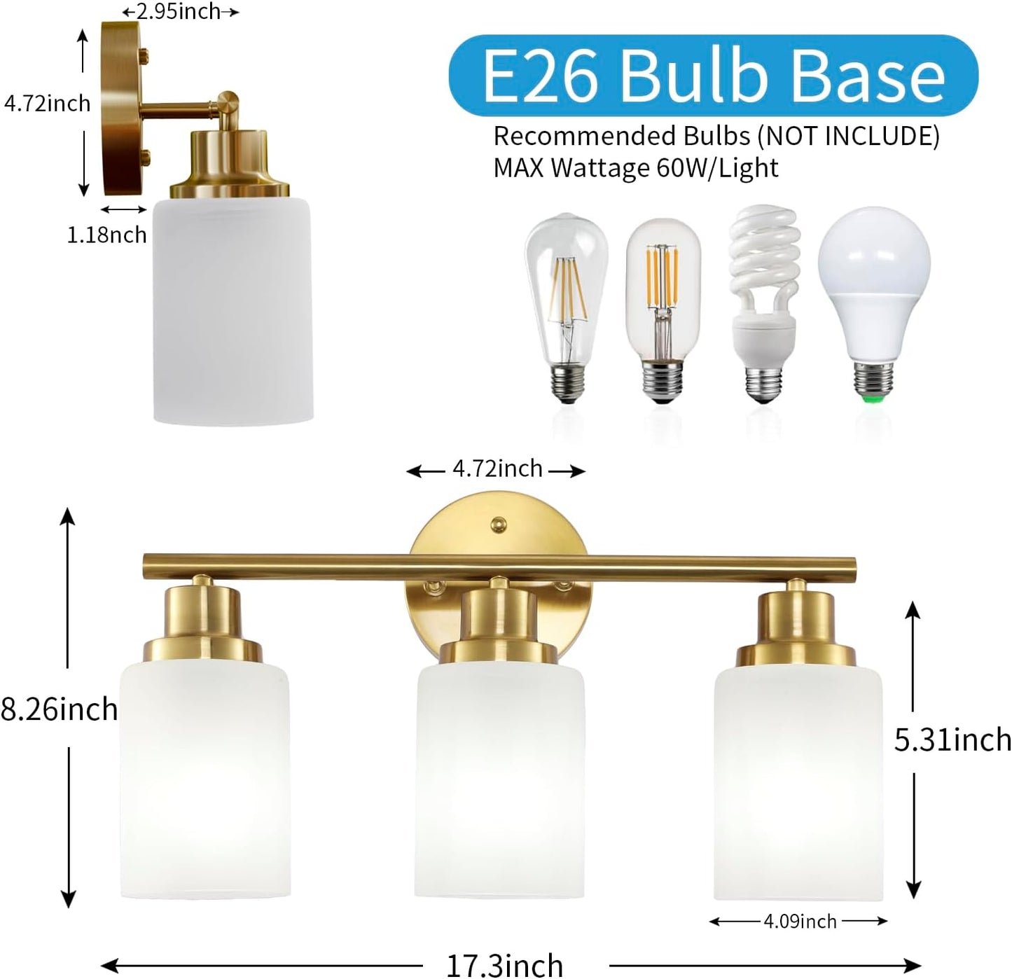 3-Light Gold Bathroom Light Fixtures, Modern Vanity Lighting Fixture Bathroom Lighting with Milky White Frosted Glass Shades Gold Lighting Fixtures for Bathroom Bedroom Living Room Porch
