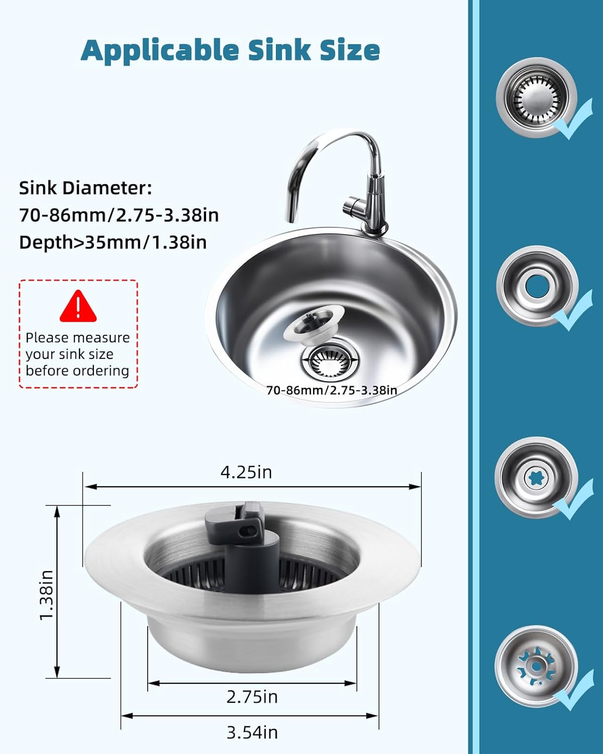 Hygie Rinse 3 in 1 Kitchen Sink Stopper Strainer, Upgrade 304 Stainless Steel Pop Up Sink Drain Strainer with Folded Rod for US Standard 3-1/2 inch Drain Filter, Anti-Clog