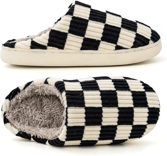 kissxiaoya Unisex House Slippers, Plaid Scuff Slides, Womens Cozy Memory Foam Slipper, Slip on Warm Checkered Shoes Indoor Outdoor with Anti-slip sole