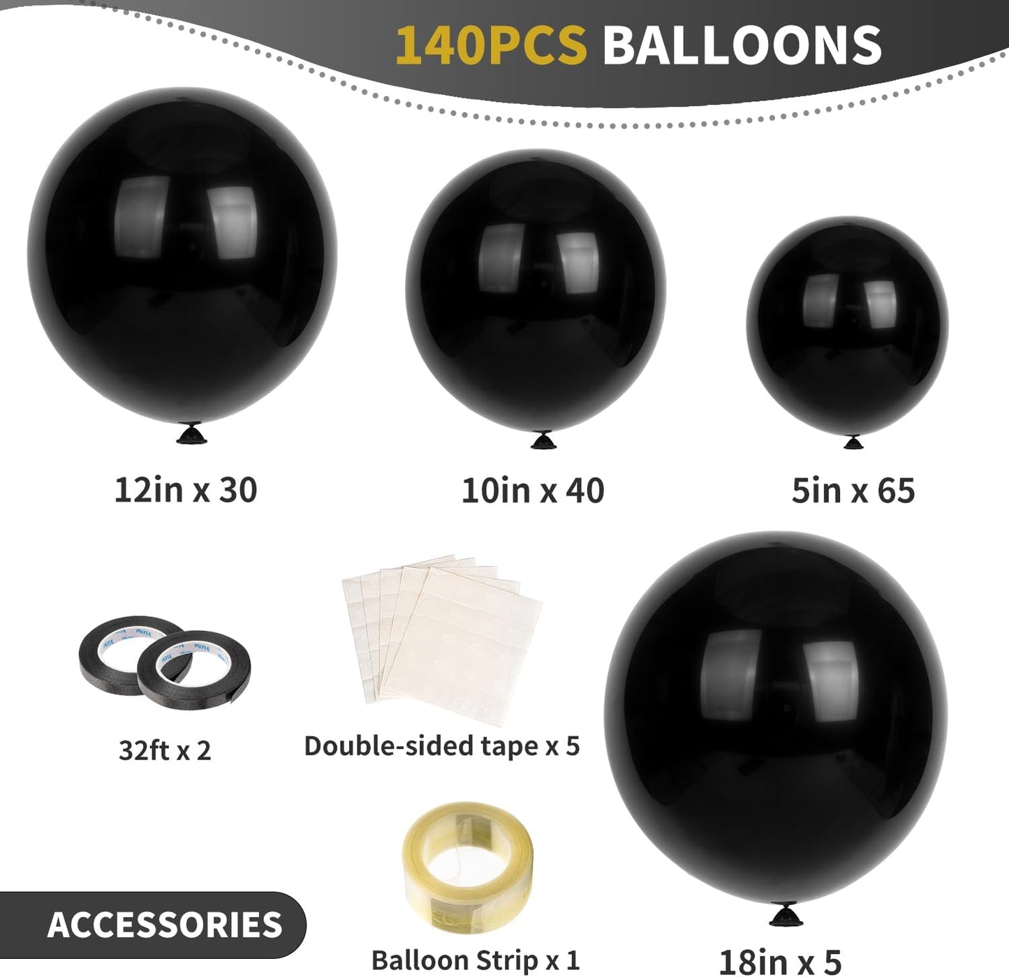 140pcs Black Balloons Different Sizes 18 12 10 5 Inch Party Latex Balloons Kit for Balloon Garland Balloon Arch as Birthday 2024 Graduation Baby Shower Wedding Holiday Anniversary Decorations