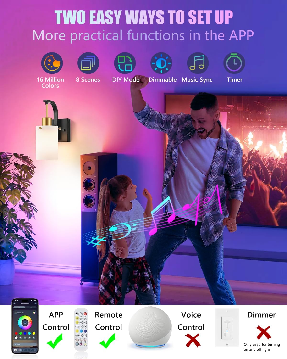 Black & Gold Wall Sconces Set of 2, Remote