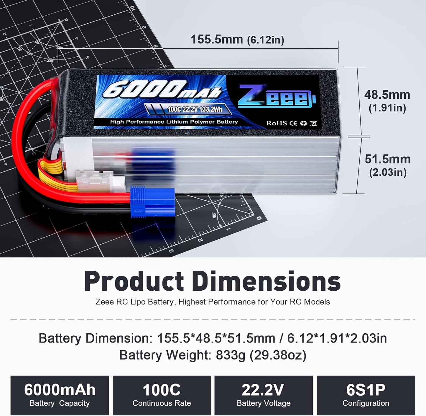 Zeee 6S Lipo Battery 6000mAh 22.2V 100C EC5