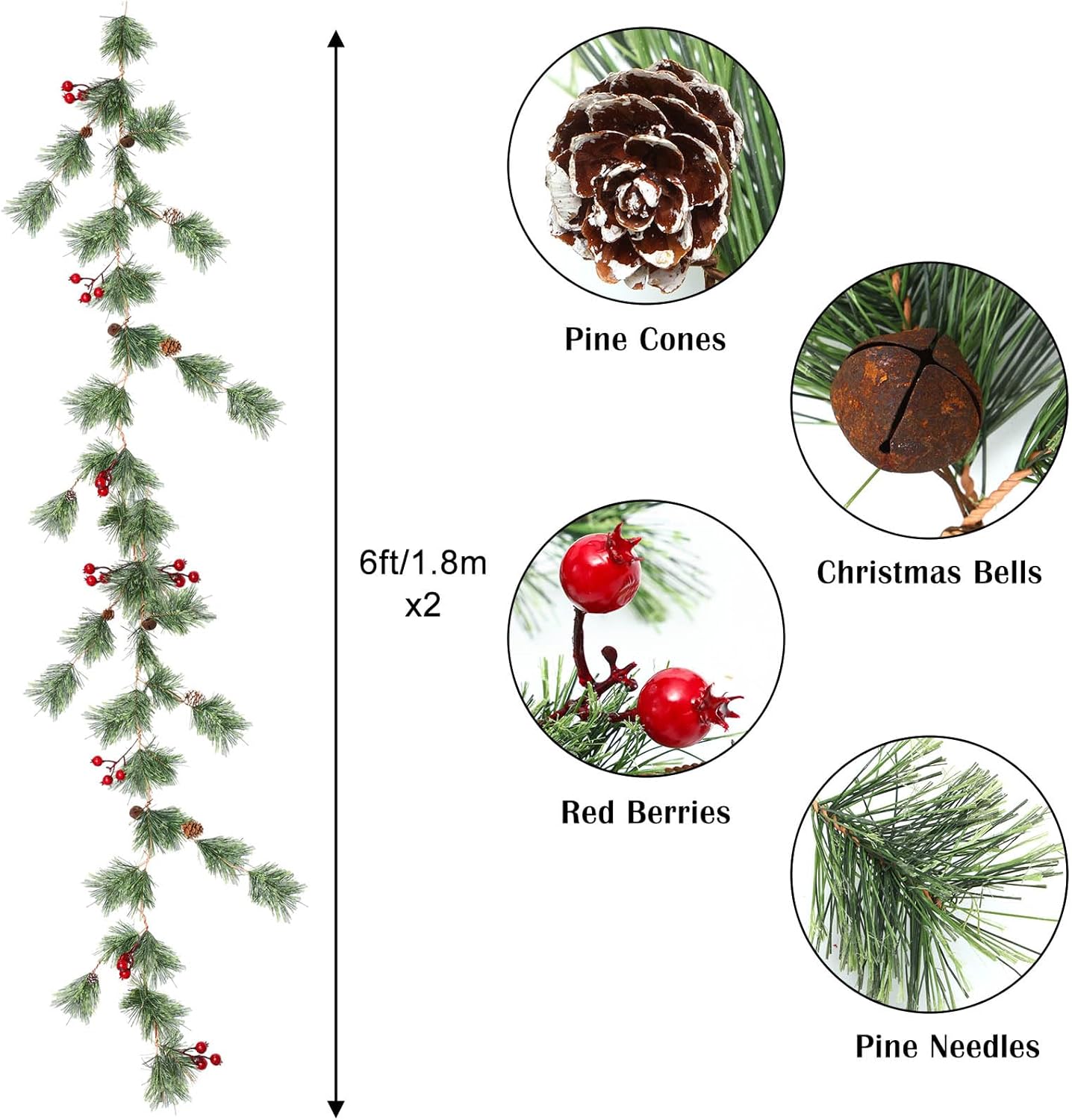 CEWOR 2 Pack 6 Feet Christmas Smokey Pine Garland Artificial Winter Snow Garland with 50 LED for Christmas Indoor Outdoor Decor