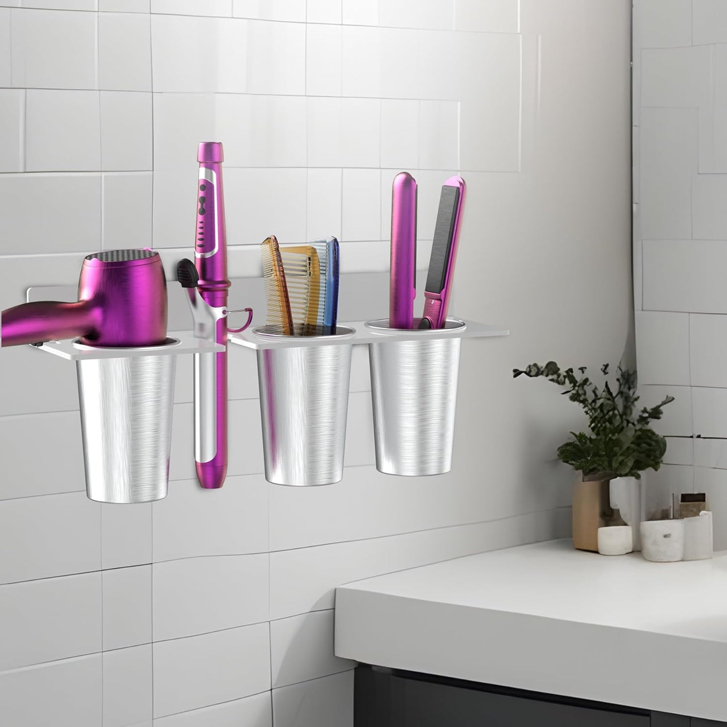 Hair Dryer Holder with 3 Stainless Steel Cups