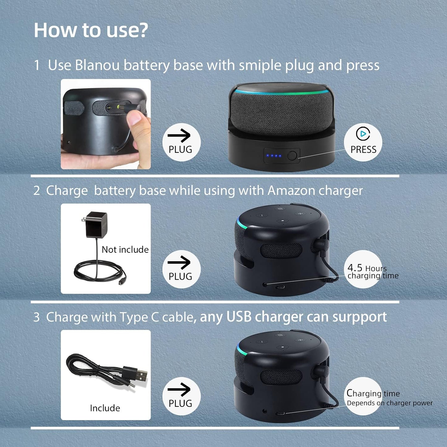 Blanou Echo Dot 3 Battery Base, 5200 mAh