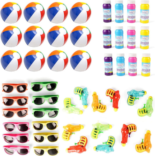 Neliblu 48 Pack Summer Party Favors For Kids - Pool Party Decorations For Kids Birthday, Beach Theme Party Supplies, Includes: 12 Neon Sunglasses, 12 Beach Balls,12 Water Guns, and 12 Pack Bubbles