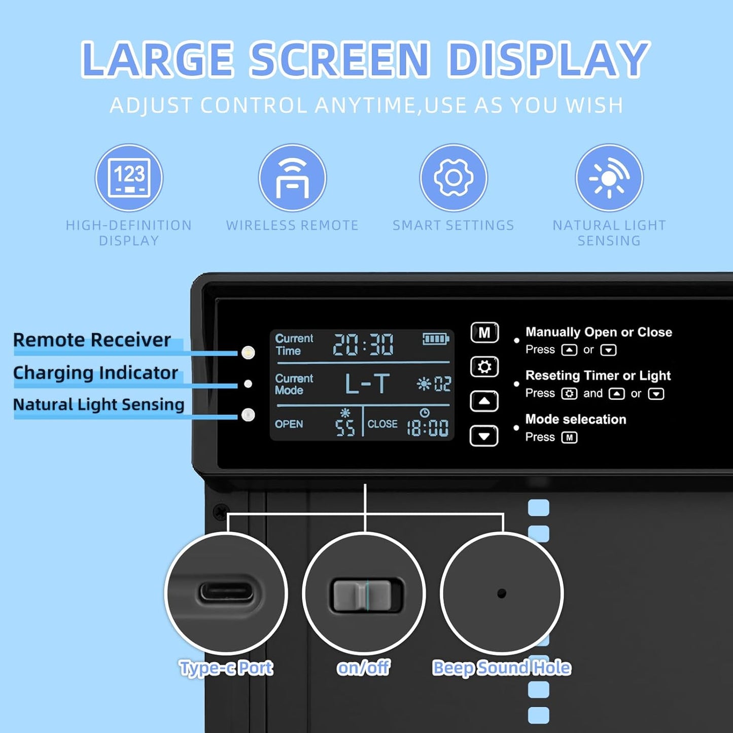 Automatic Chicken Coop Door Solar Powered Chicken Door with Timer & Light Sensor Aluminum Auto Chicken Coop Door Opener with Remote Control, Battery Operated & 4 Modes (Black Grey)
