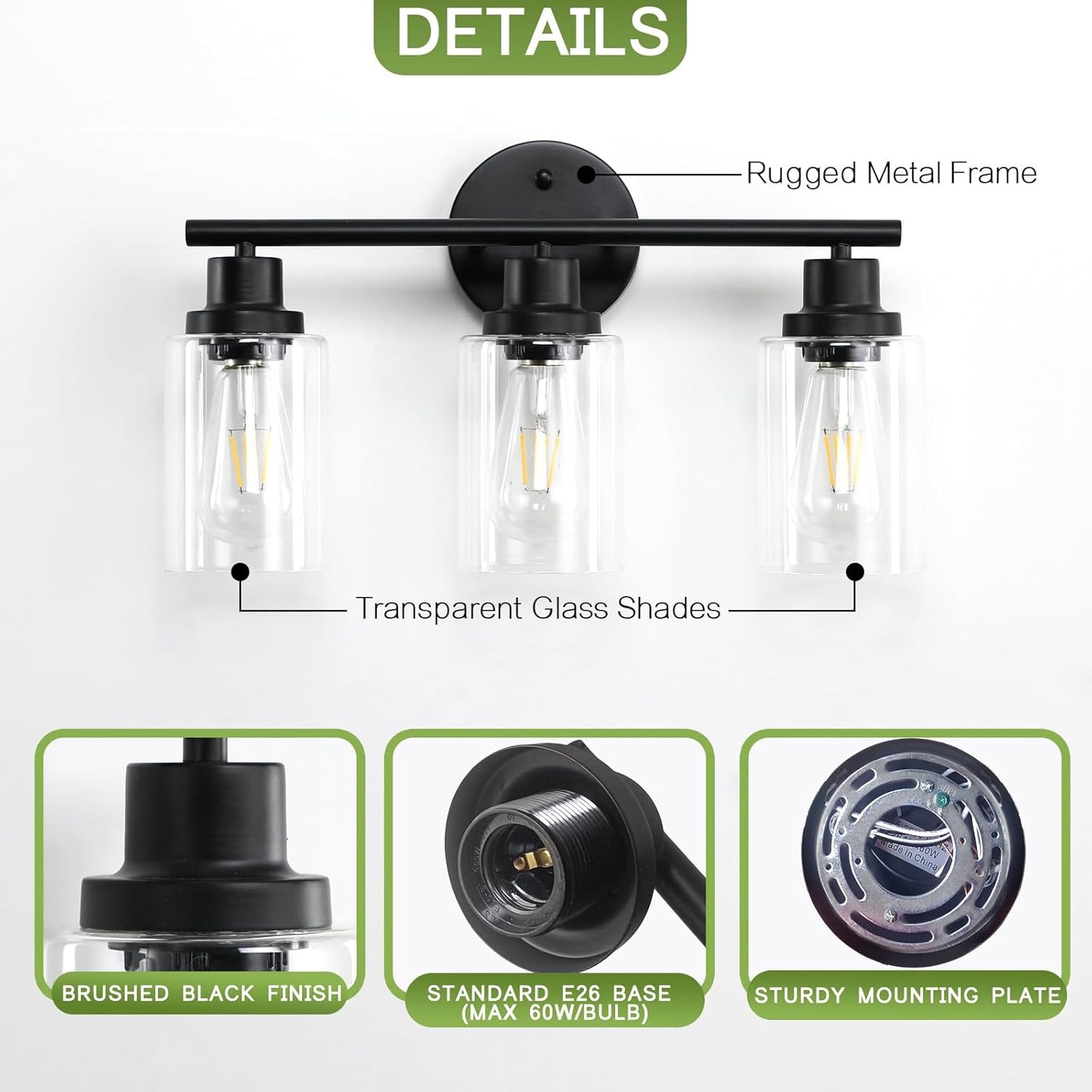3-Light Bathroom Vanity Lights, Matte Black Vanity Lights Modern Bathroom Light Fixture with Clear Glass Shades Bathroom Wall Sconce Lighting for Mirror Living Room Hallway Bedroom, E26 Base