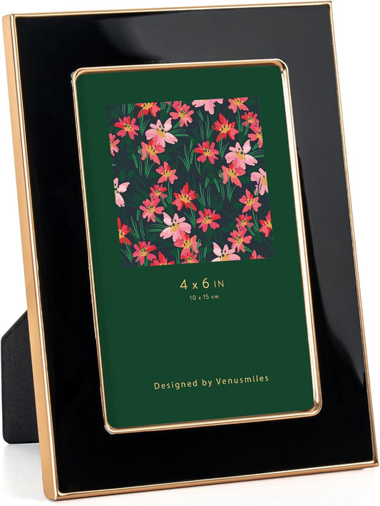4x6 Enamel Picture Frame, Gold Metal Edge with Easel, Real Glass Photo Frame for Wall and Tabletop Display Family Office Photo Gallery, Black Enamel/1pc
