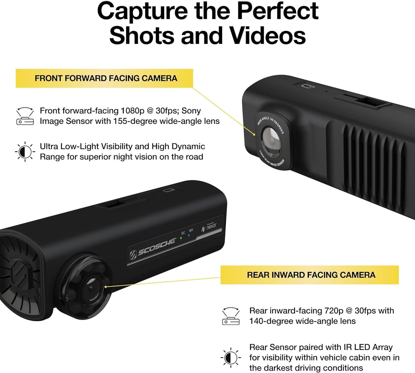 Scosche NEXC2128-XCES0 Full HD Two-Way Smart Dash Cam Powered by Nexar with Suction Cup and 128GB Memory