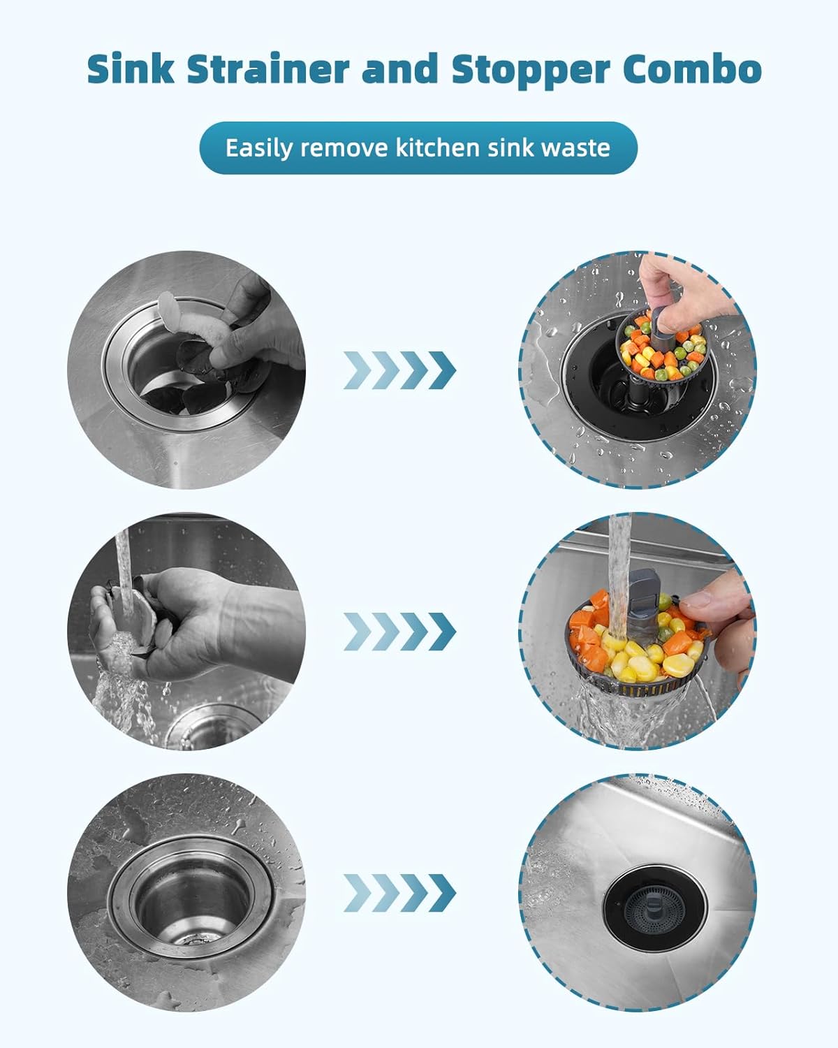 Hygie Rinse 3 in 1 Kitchen Sink Stopper Strainer, Upgrade 304 Stainless Steel Pop Up Sink Drain Strainer with Folded Rod for US Standard 3-1/2 inch Drain Filter, Anti-Clog