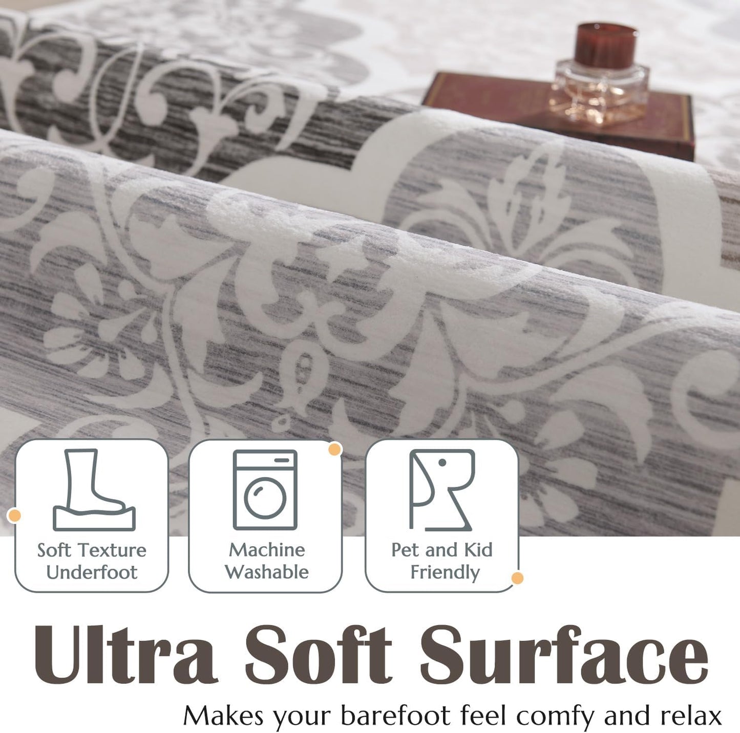 jinchan Kitchen Runner Rug 2x8 Moroccan Floral Hallway Washable Rug Lattice Runner Non Slip Accent Medallion Thin Carpet for Bedroom Bathroom Laundry Living Room Grey