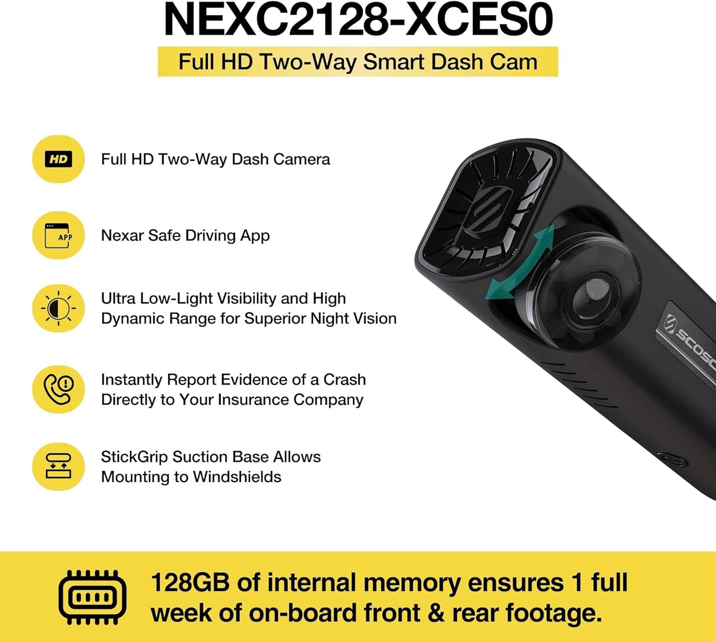 Scosche NEXC2128-XCES0 Full HD Two-Way Smart Dash Cam Powered by Nexar with Suction Cup and 128GB Memory