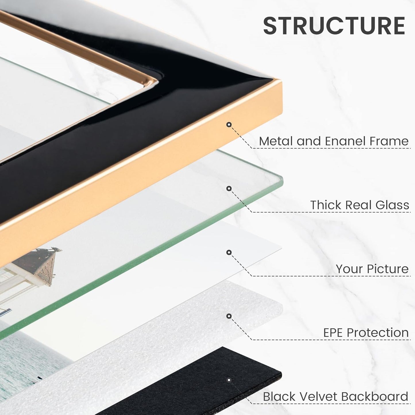 4x6 Enamel Picture Frame, Gold Metal Edge with Easel, Real Glass Photo Frame for Wall and Tabletop Display Family Office Photo Gallery, Black Enamel/1pc