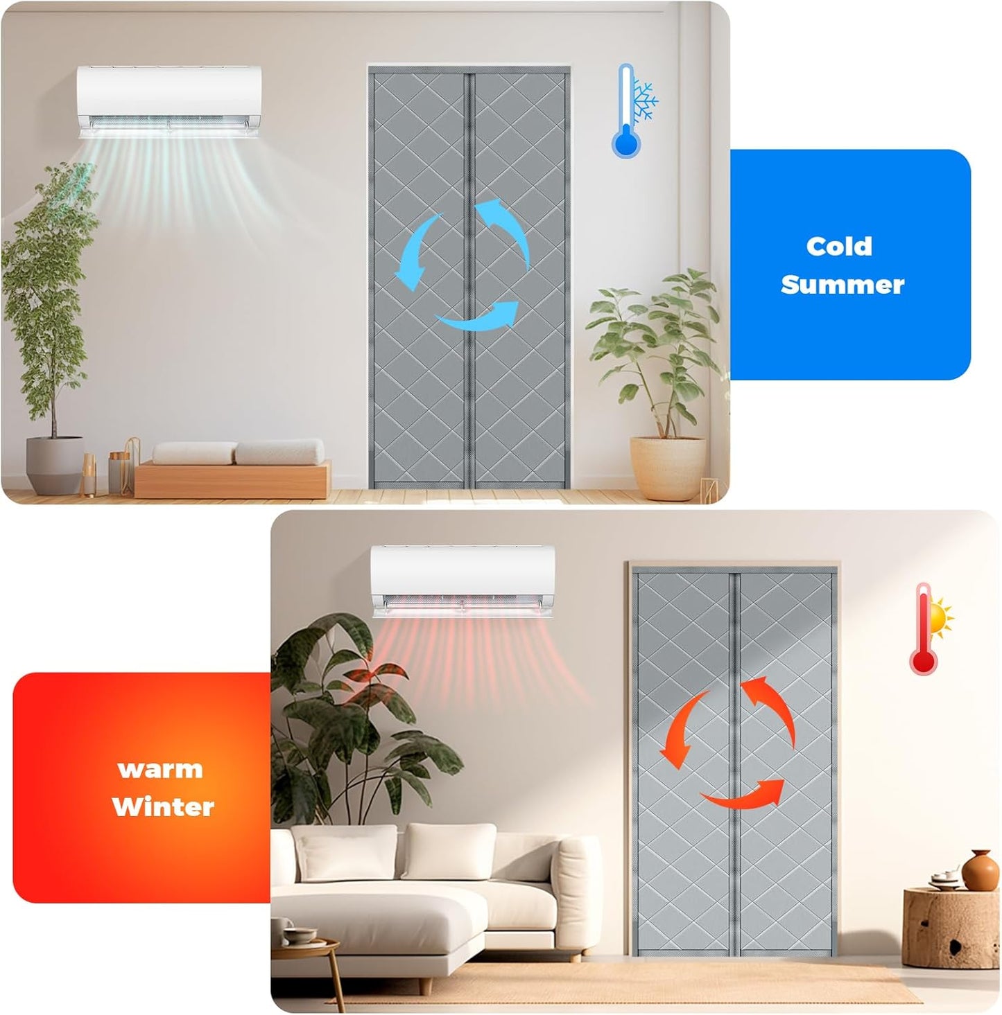 Magnetic Thermal Insulated Door Curtain, Fits Door Size 32" x 80", Thicker Fabric Cloth Filled with Cotton, Soundproof Weatherproof Cover Screen Mesh for Sliding Glass/Front Doors (Gray, 32'' x 80'')