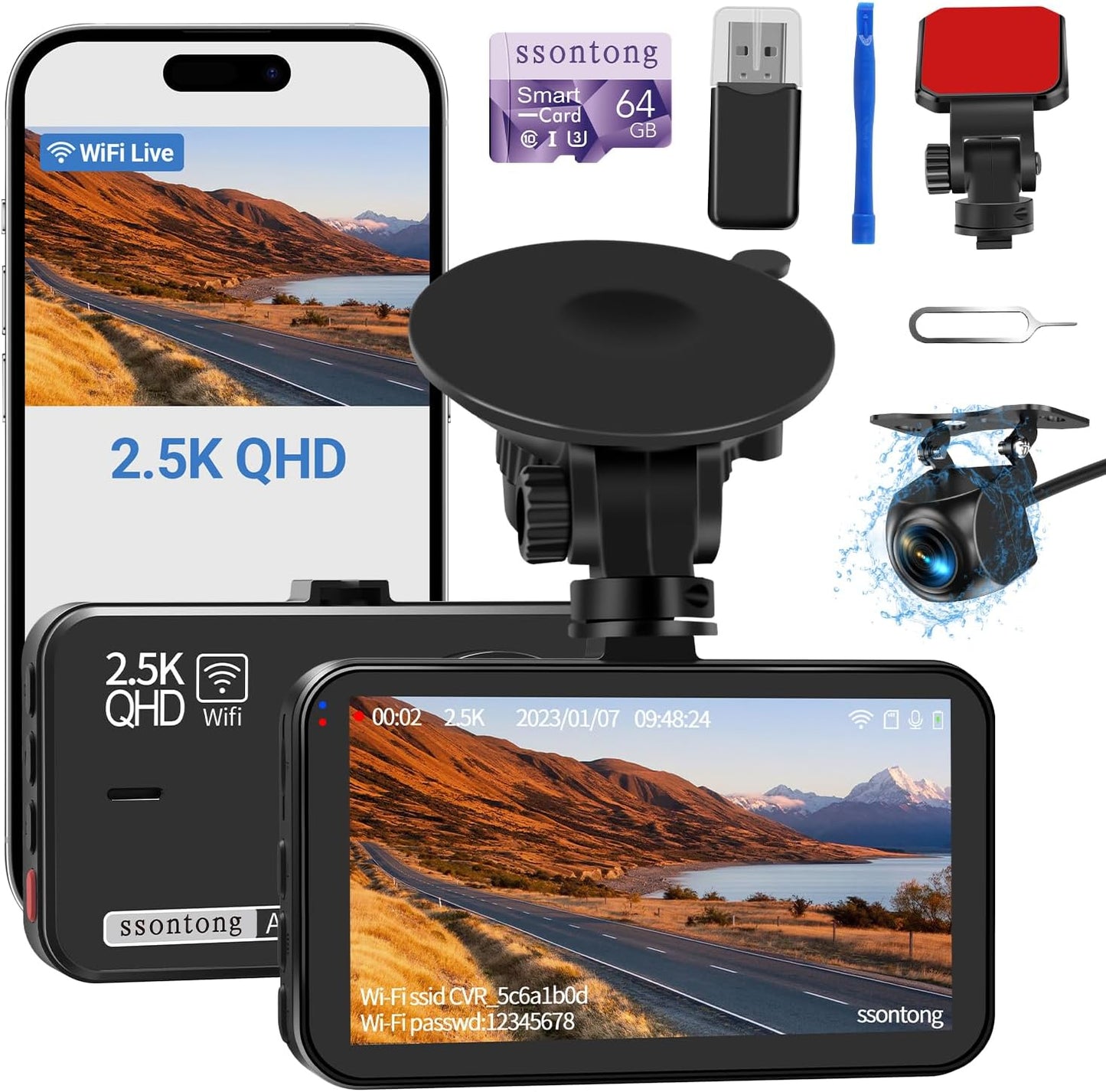 Dash Cam Front+Rear, WiFi, 2.5K+1080P, 64GB