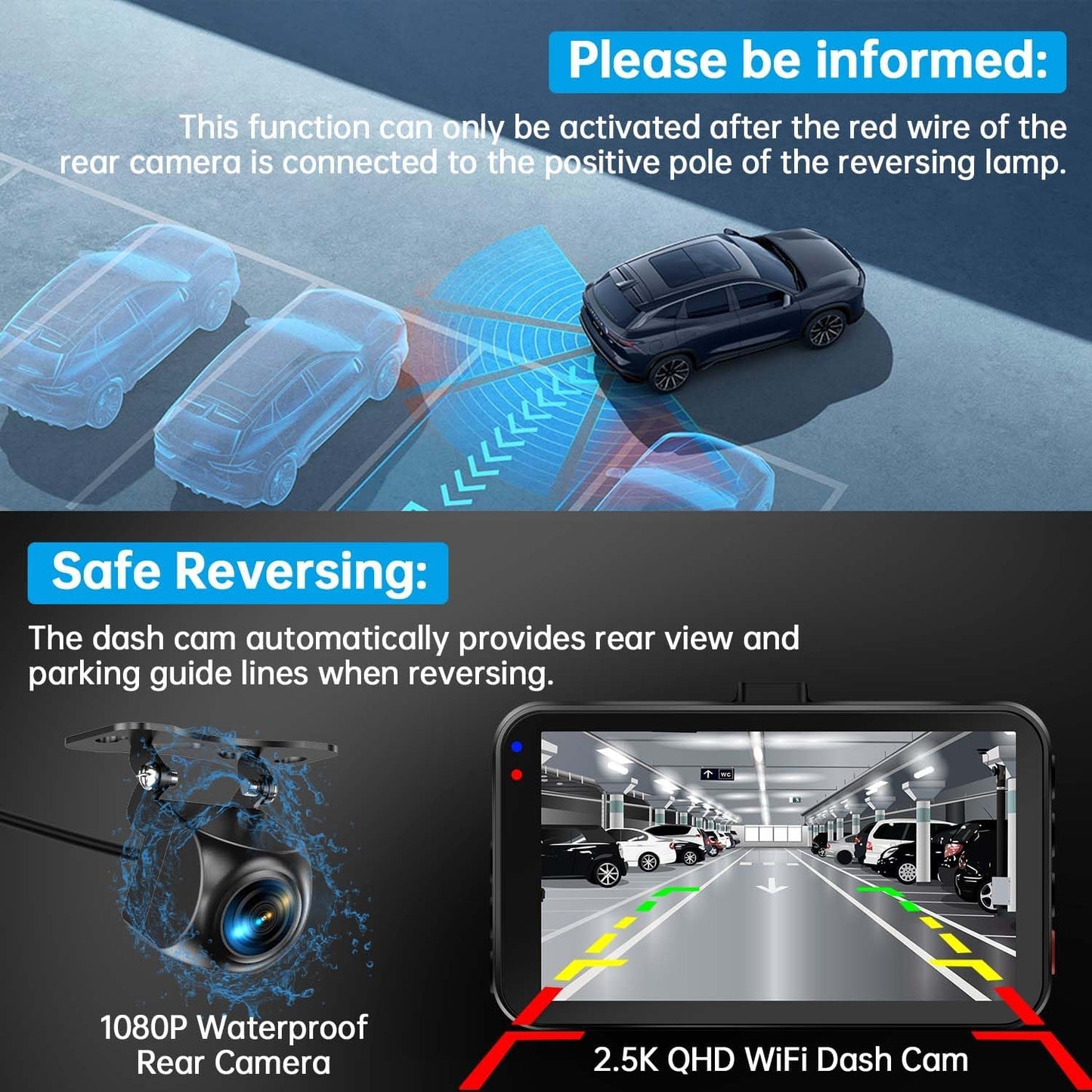 Dash Cam Front+Rear, WiFi, 2.5K+1080P, 64GB