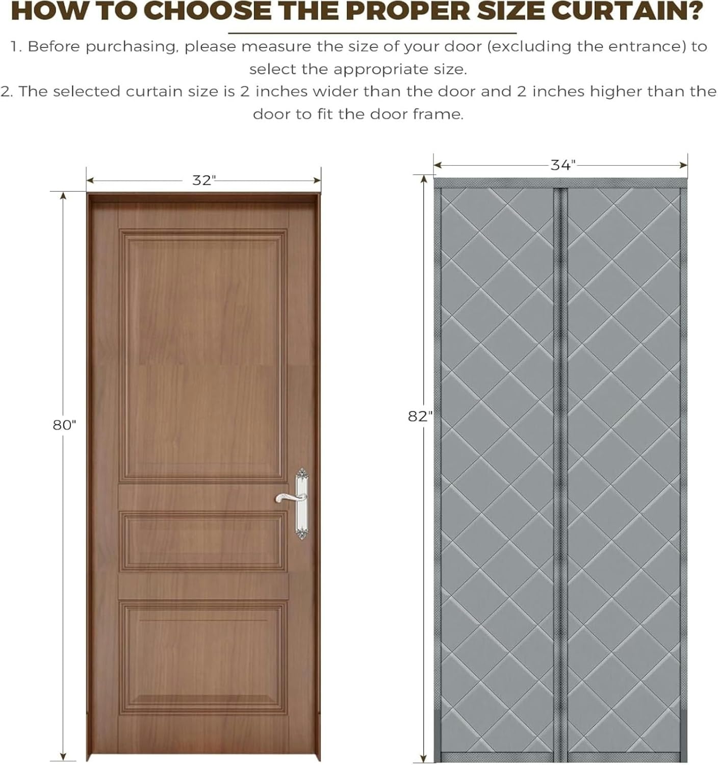Magnetic Thermal Insulated Door Curtain, Fits Door Size 32" x 80", Thicker Fabric Cloth Filled with Cotton, Soundproof Weatherproof Cover Screen Mesh for Sliding Glass/Front Doors (Gray, 32'' x 80'')