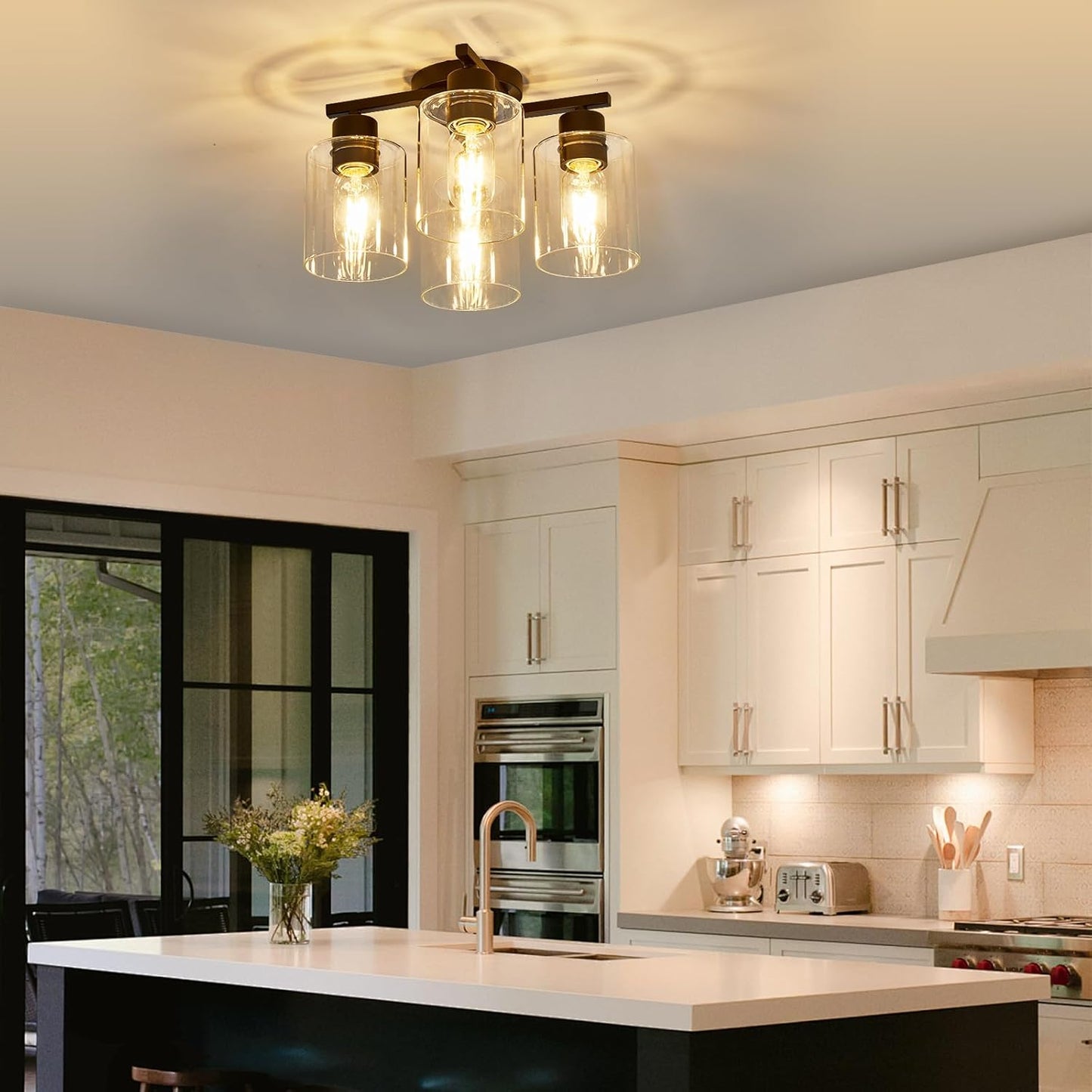 4 Light Kitchen Fixture, Black, Clear Glass