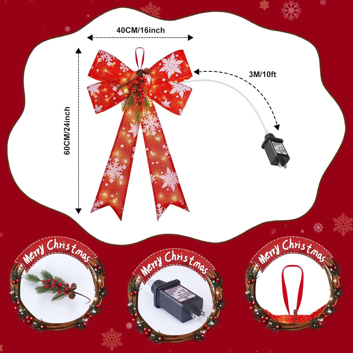 Red Bows Christmas Decorations with 45LED Lights, 24''x16'' Wreath Bow, Outdoor Christmas Bows with Snowflake Red Berries Pine Cone Needles for Front Door Wreath Home