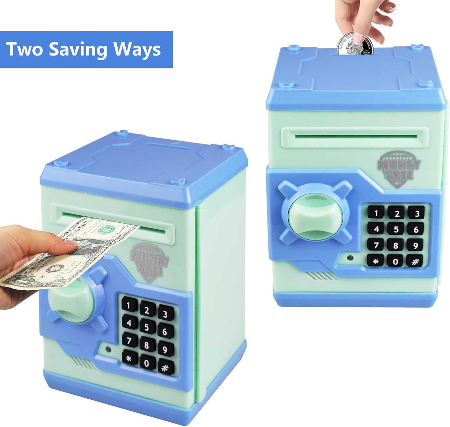Mini ATM Piggy Bank ATM Machine Best Gift for Kids,Electronic Code Piggy Bank Money Counter Safe Box Coin Bank for Boys Girls Password Lock Case (Cyan)